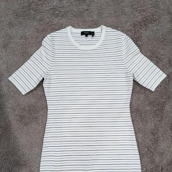 Theory Body Con Striped Ribbed Stretch Knit Midi Dress Ivory Black Small - Picture 2 of 8